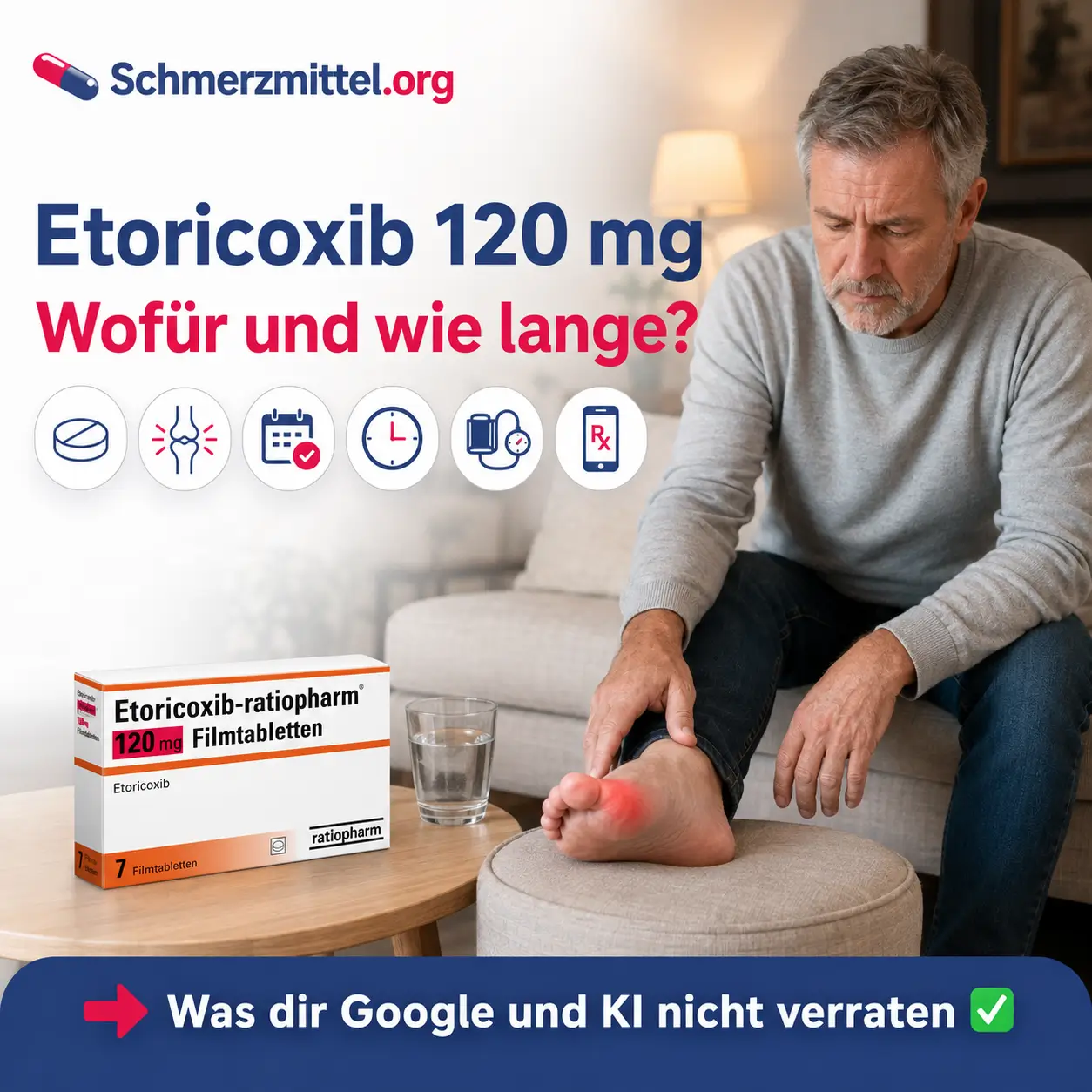 Etoricoxib 120 mg, Mann mit Gichtanfall am Fuß und Etoricoxib 120 mg Packung