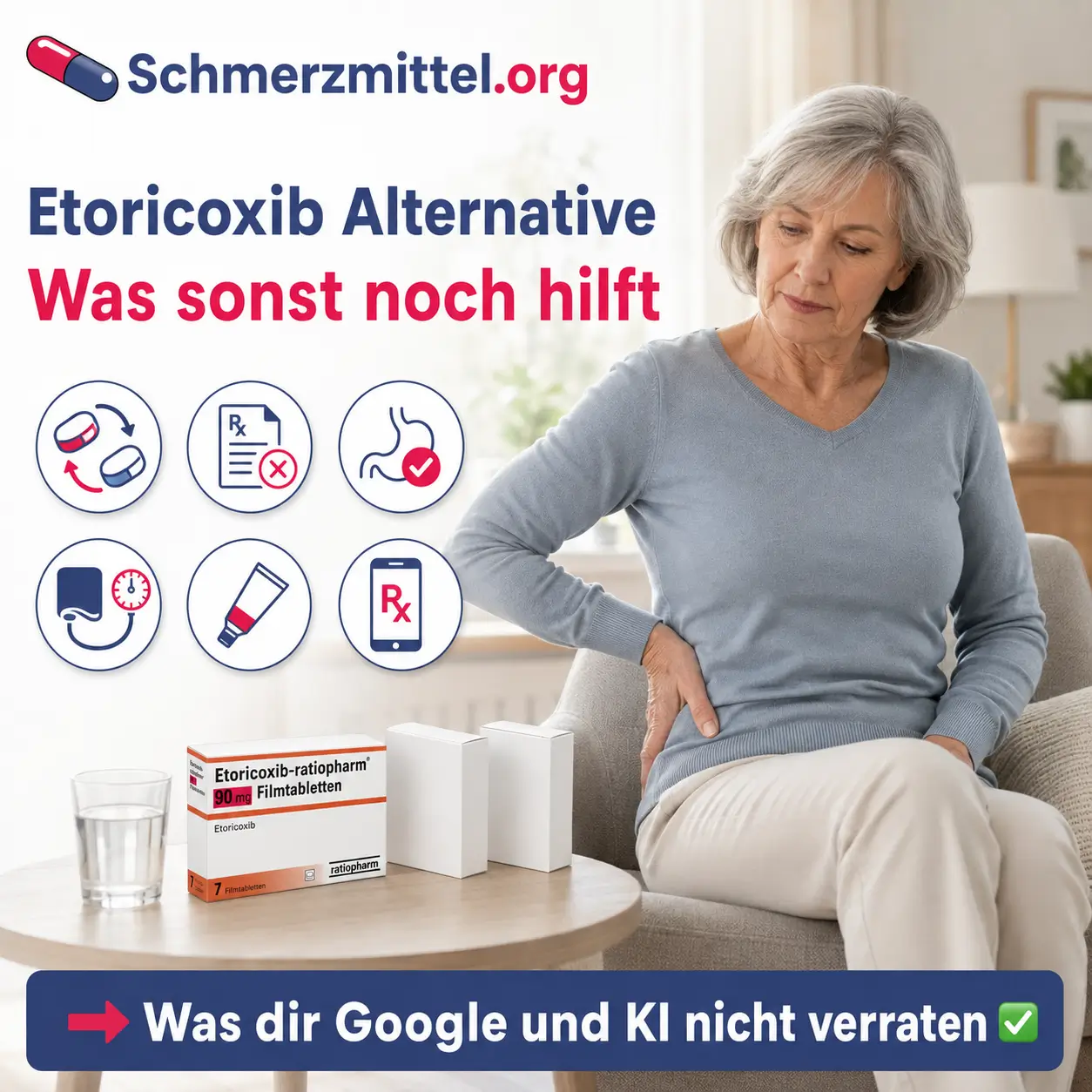 Etoricoxib Alternative, Frau mit Hüftschmerzen und mehrere Schmerzmittelpackungen