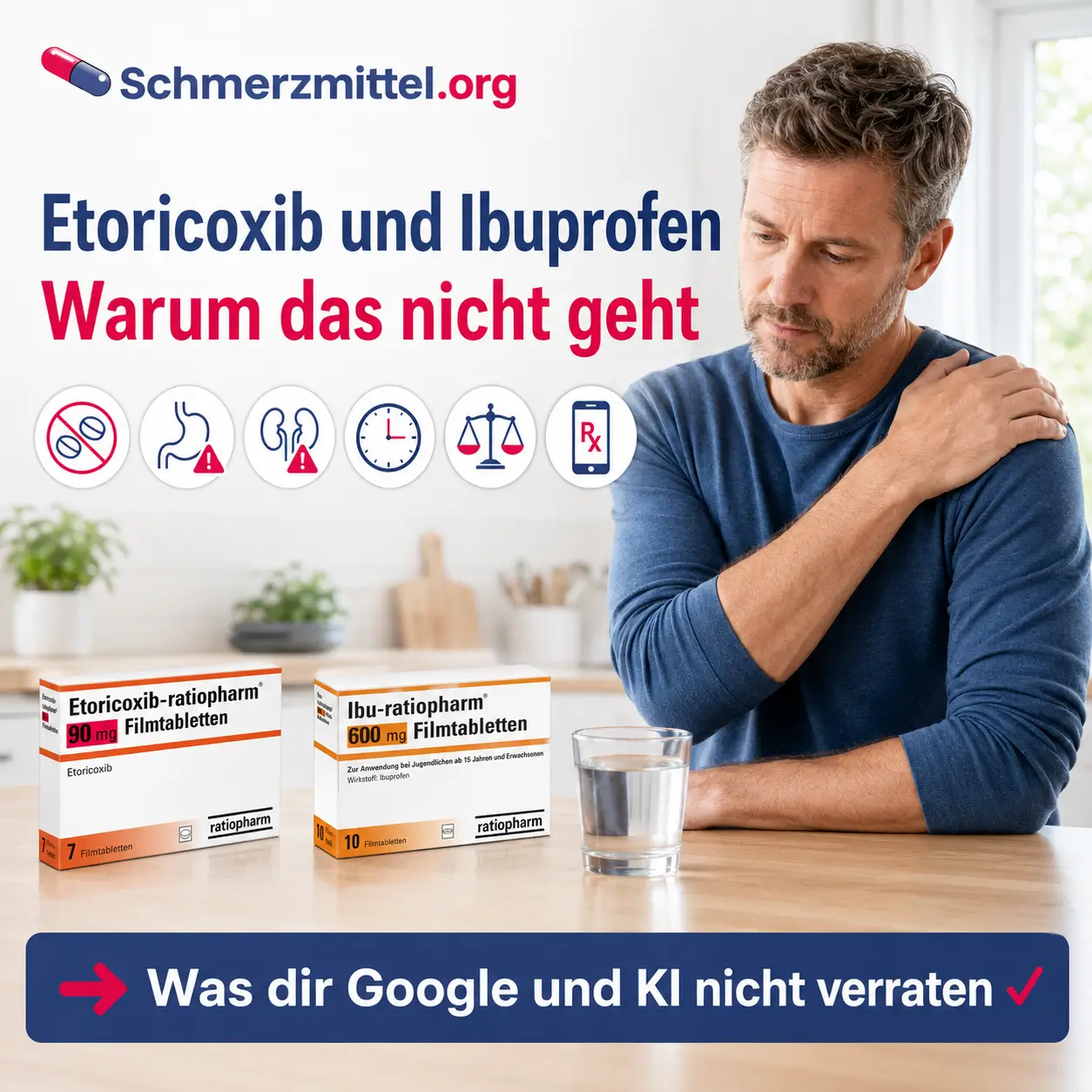 Etoricoxib und Ibuprofen zusammen, Mann mit Schulterschmerzen und beide Packungen