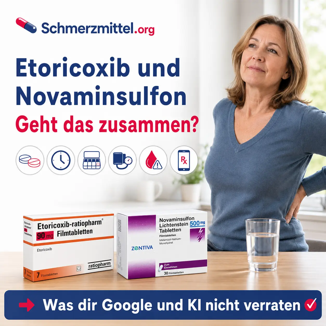 Etoricoxib und Novaminsulfon zusammen, Frau mit Rückenschmerzen und beide Packungen