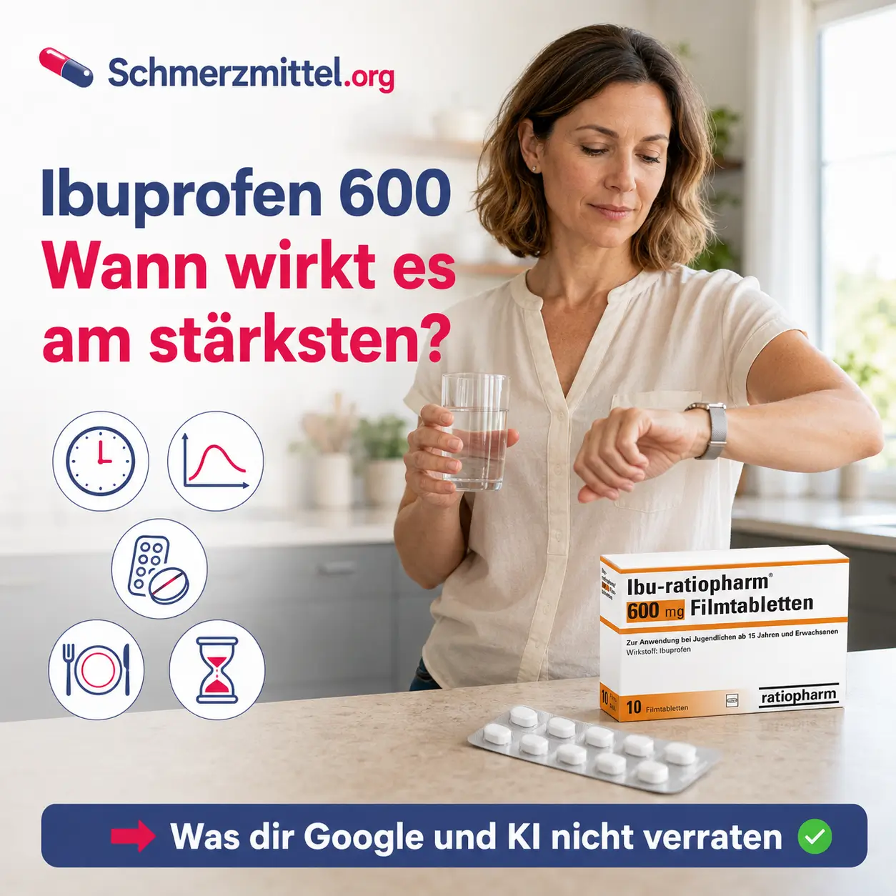 Ibuprofen 600 Wirkung bei einer Frau, die neben der Packung auf ihre Armbanduhr schaut