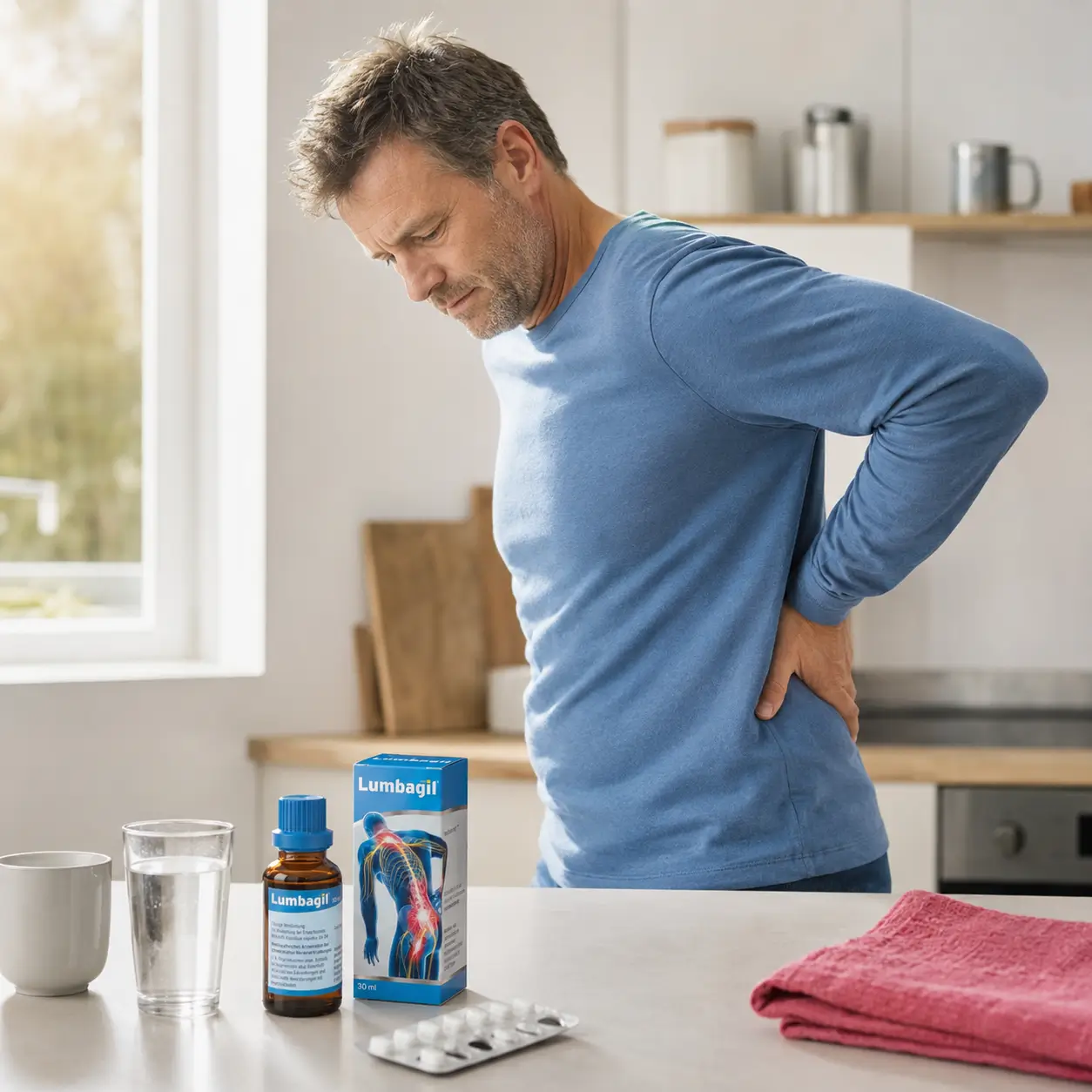 Lumbagil Alternative Mann mit steifem unteren Rücken steht in der Küche neben Lumbagil Packung Tropfflasche und Tablettenblister