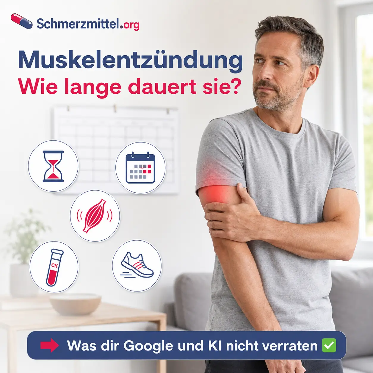 Dauer einer Muskelentzündung bei einem Mann, der vor einem Kalender seinen Oberarm hält