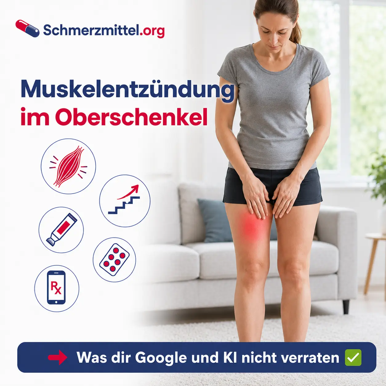 Muskelentzündung im Oberschenkel bei einer Frau, die beim Treppensteigen innehält