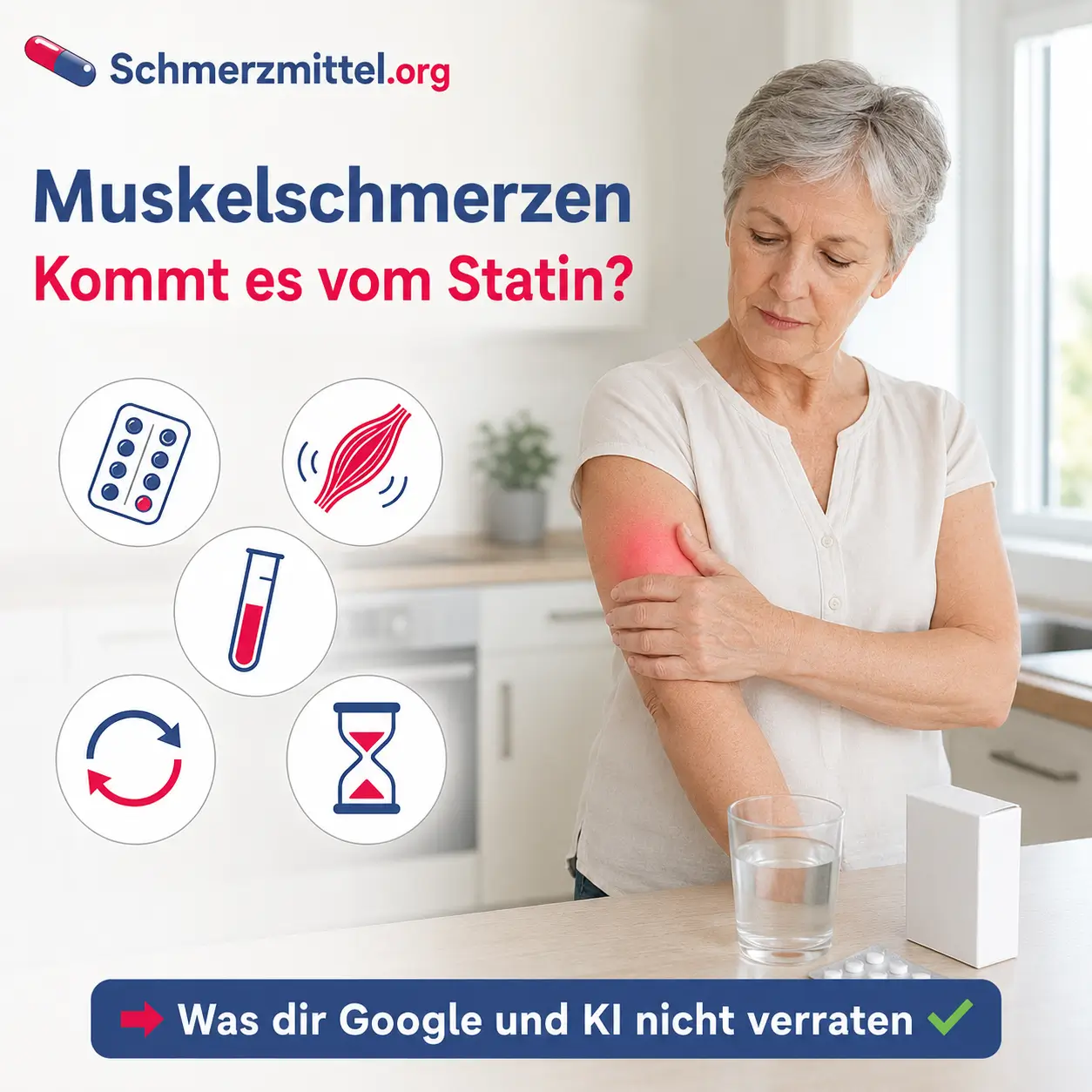 Muskelschmerzen durch Statine bei einer Frau, die neben einer Statin-Packung ihren Oberarm hält