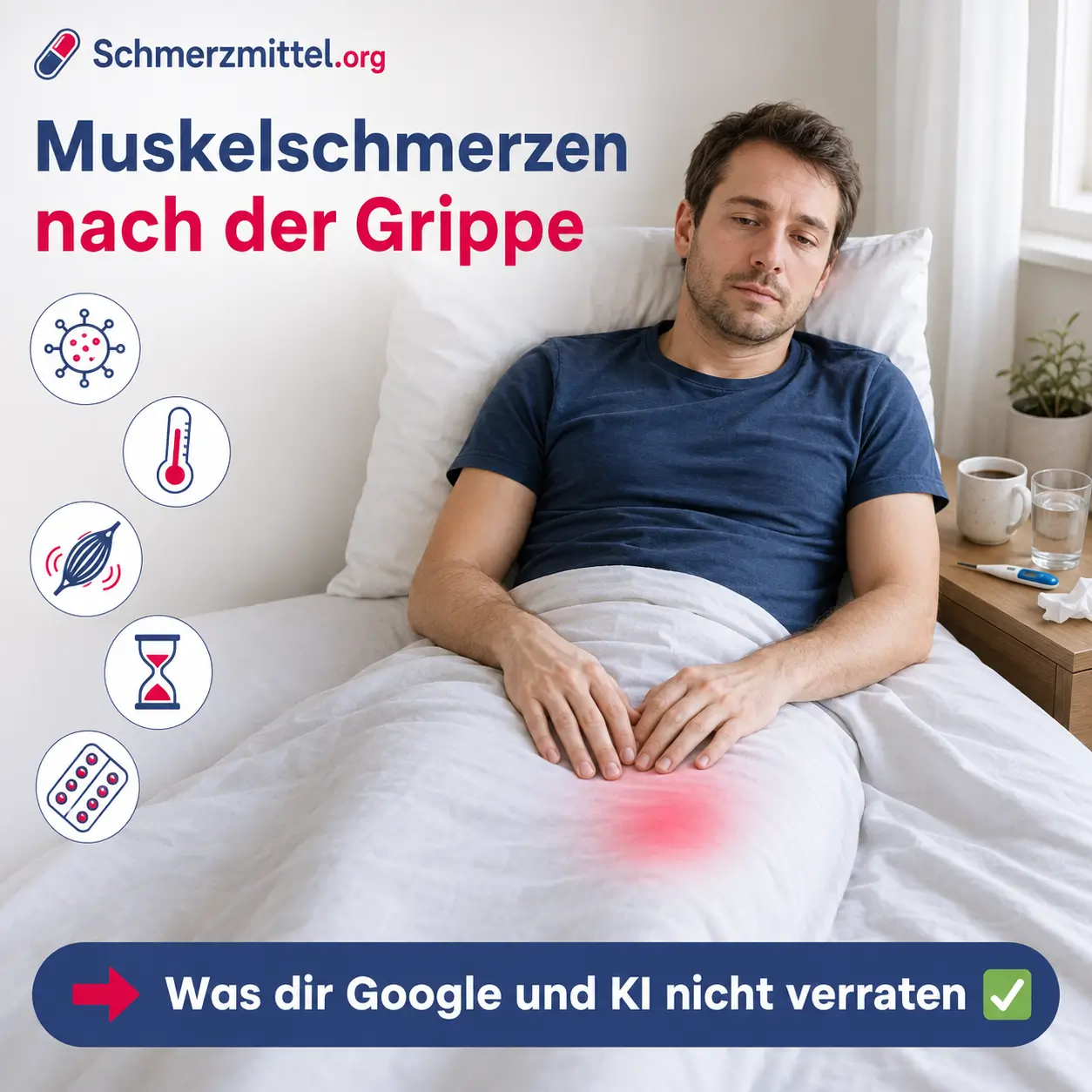 Muskelschmerzen nach Grippe bei einem Mann, der erschöpft im Bett liegt und seinen Oberschenkel hält