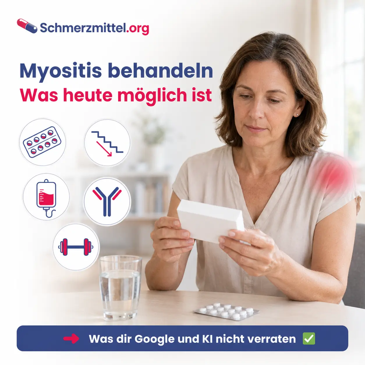 Myositis Behandlung mit einer Frau, die am Tisch eine Prednisolon-Packung liest