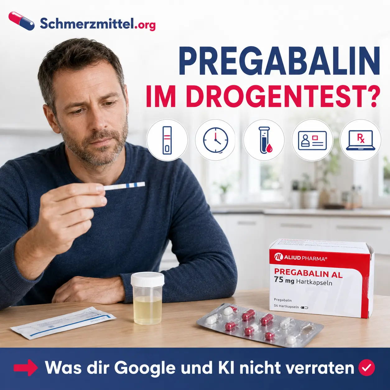 Pregabalin im Drogentest Mann betrachtet Urin Teststreifen am Küchentisch neben Pregabalin Verpackung und Blister