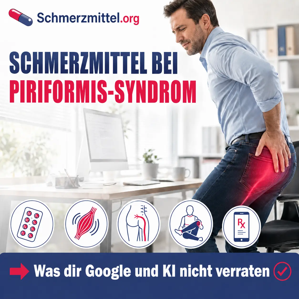 Schmerzmittel bei Piriformis-Syndrom mit Mann im Büro und Gesäßschmerz