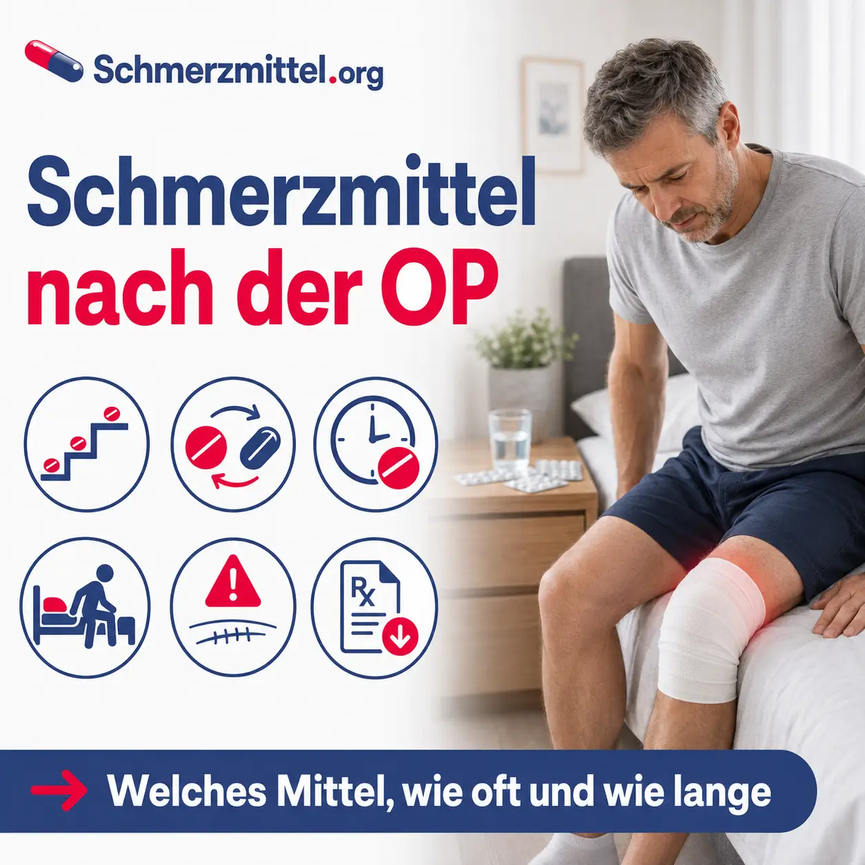 Mann sitzt nach einer Knie-OP mit Verband auf der Bettkante neben Tabletten