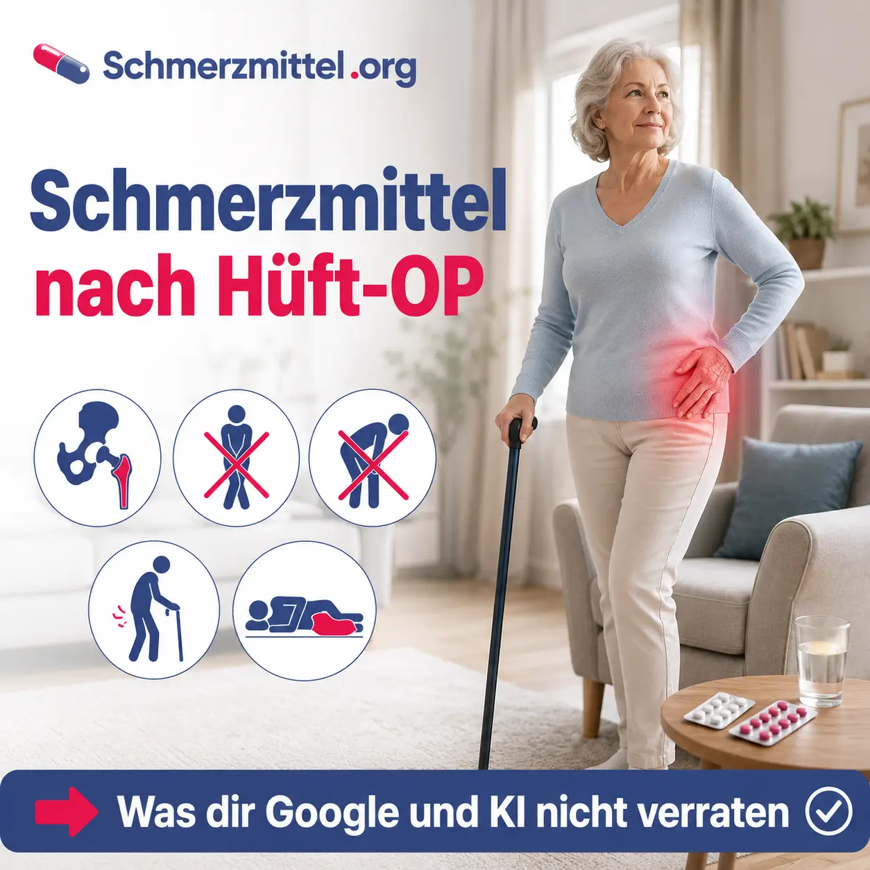 Ältere Frau mit Gehstock nach einer Hüft-OP zu Hause neben Tabletten