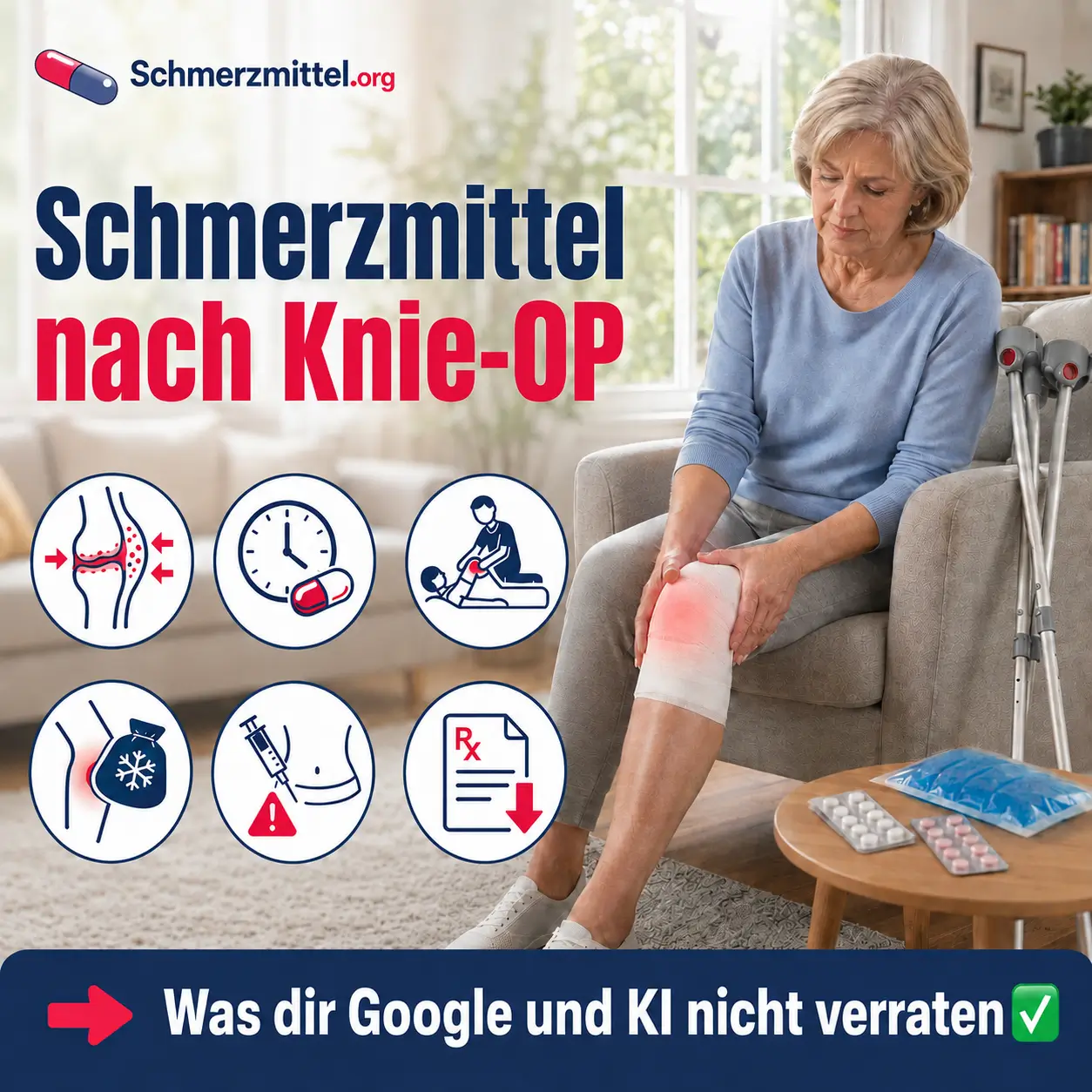Frau mit Kniebandage nach einer Knie-OP sitzt zu Hause neben Gehstützen und Tabletten