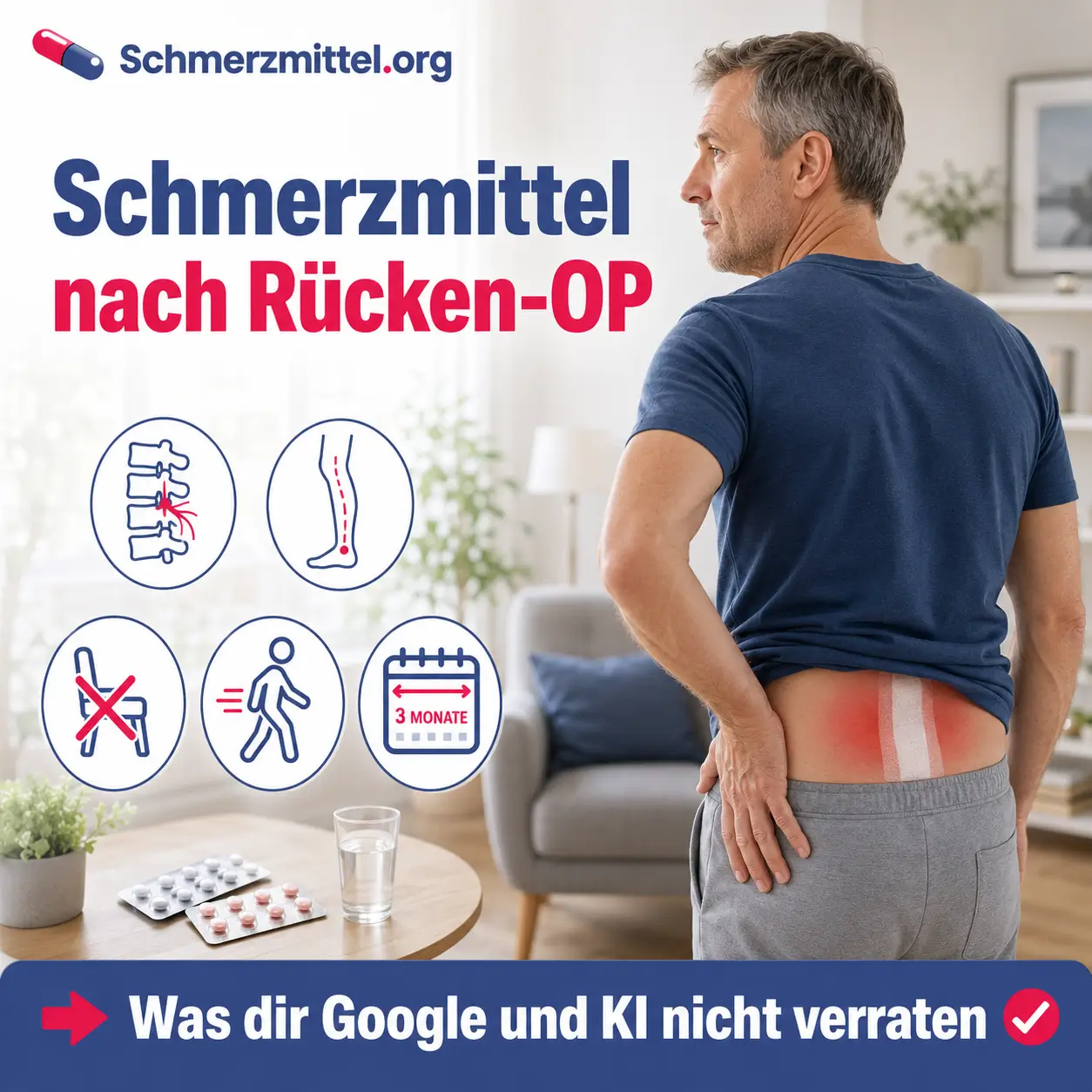 Mann mit Wundverband am unteren Rücken nach einer Rücken-OP zu Hause