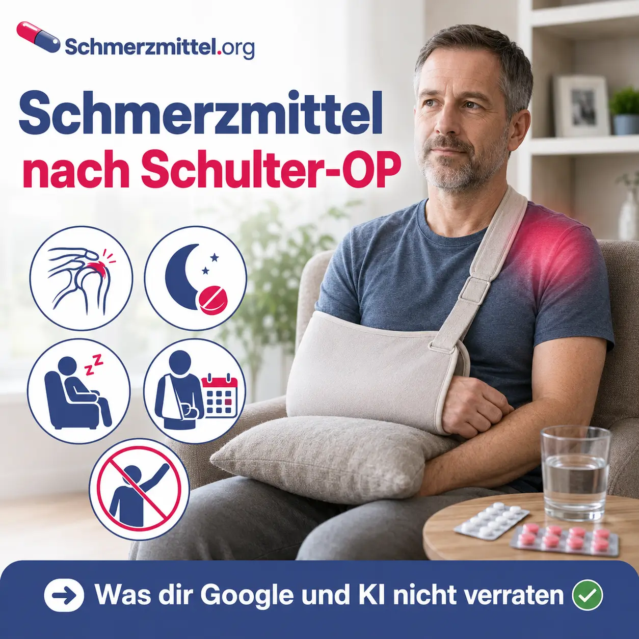 Mann mit Arm in einer Schulterschlinge sitzt im Sessel neben Tabletten