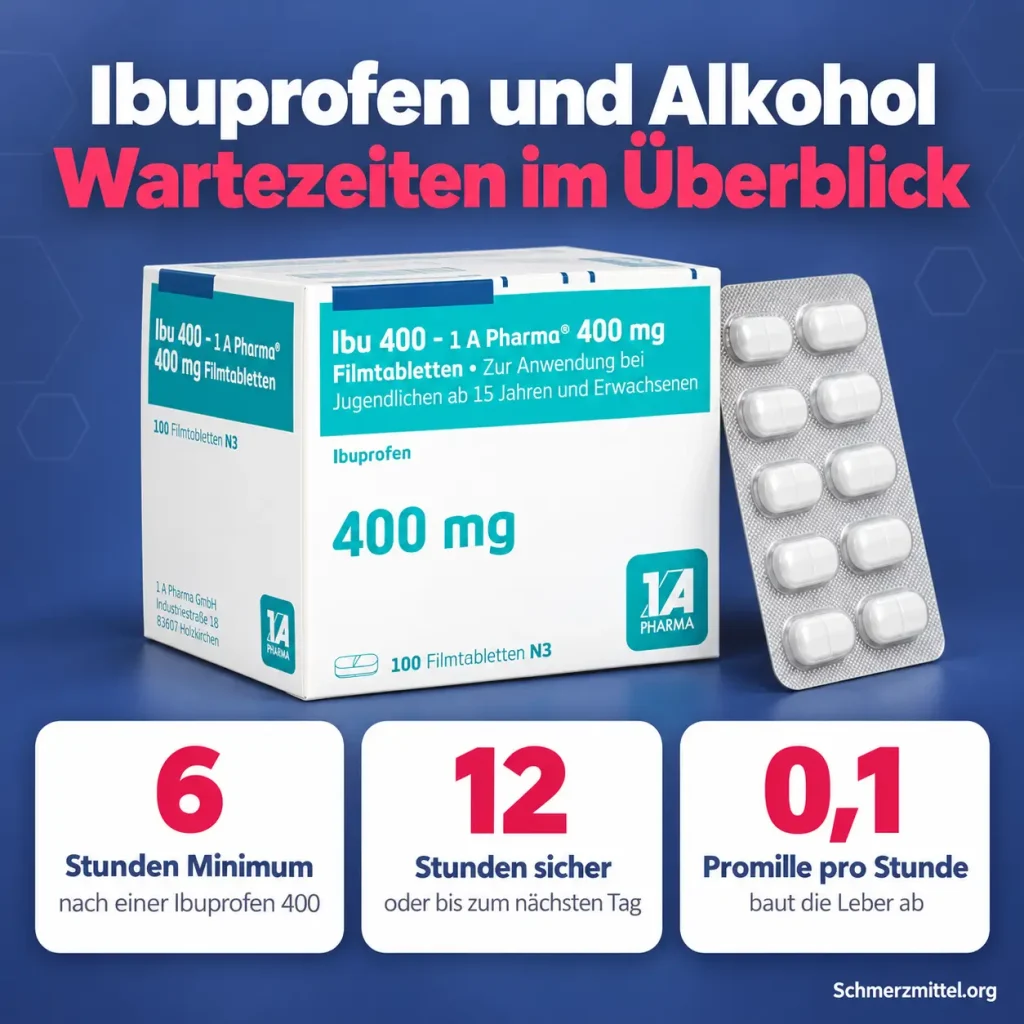 Ibuprofen und Alkohol Infografik mit Ibuprofen 400 Packung und Wartezeiten von 6 und 12 Stunden sowie Alkoholabbau pro Stunde