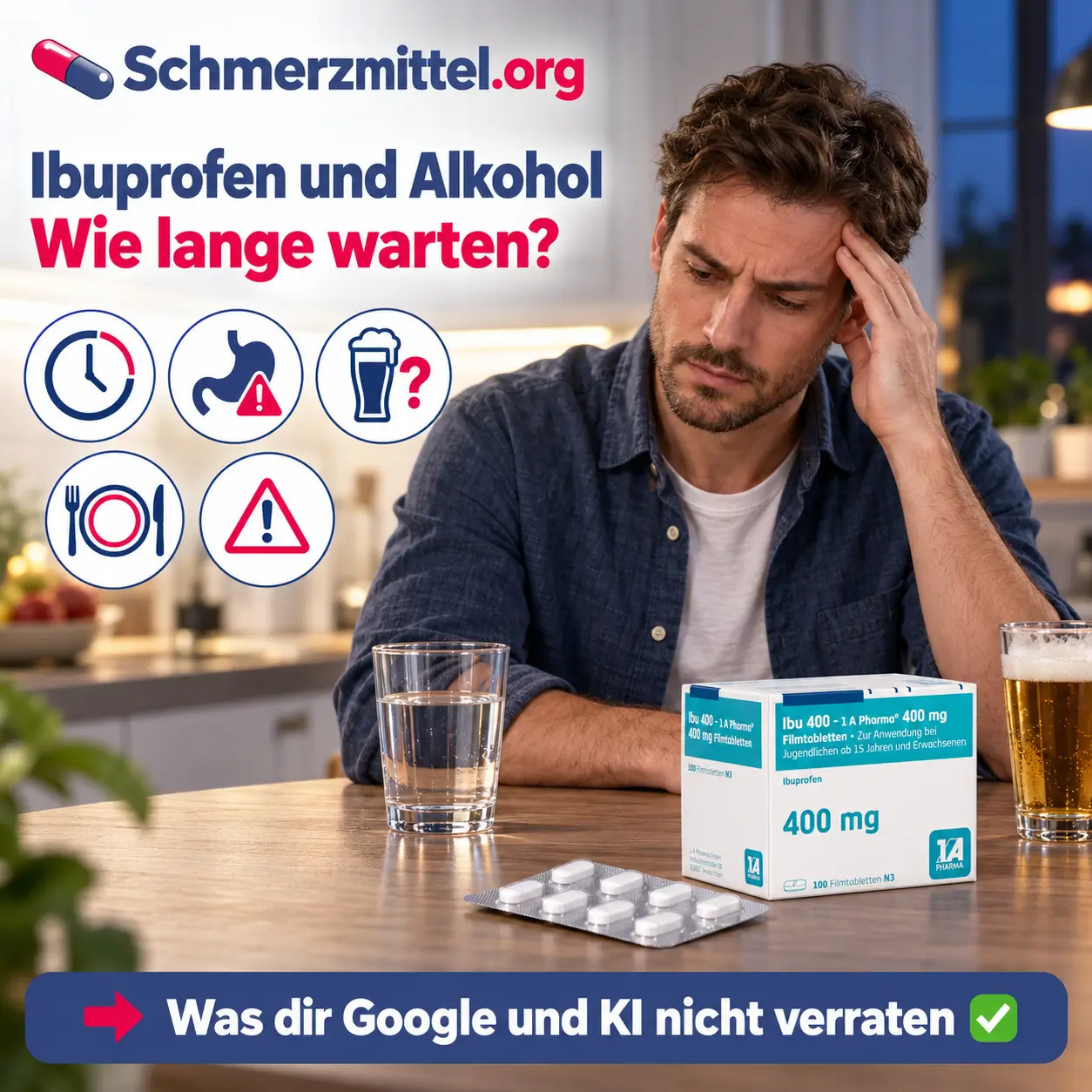 Ibuprofen und Alkohol Mann mit Kopfschmerzen am Küchentisch mit Ibuprofen 400 Packung Wasserglas und Bierglas