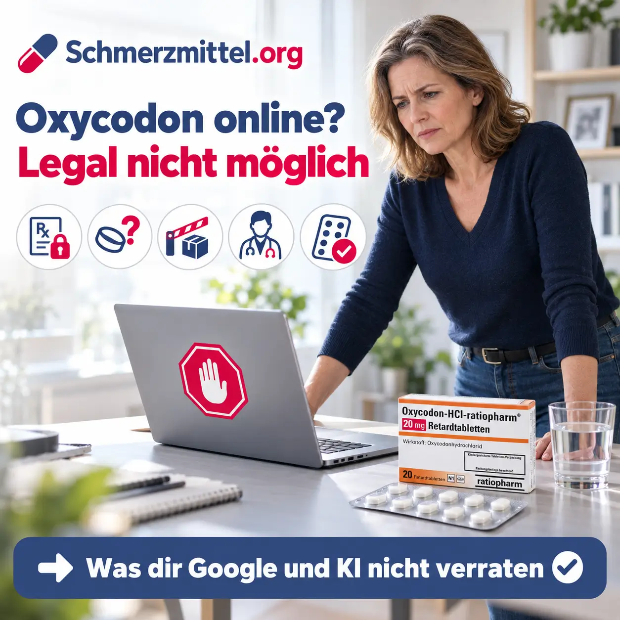 Oxycodon online bestellen Mann mit Schulterschmerzen blickt auf Smartphone mit Stoppsymbol daneben legale Schmerzmittelpackung