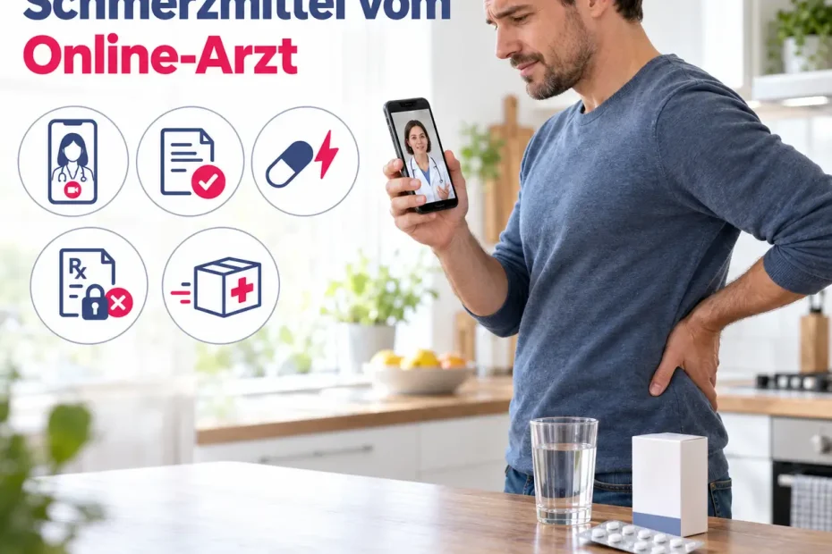 Schmerzmittel vom Online-Arzt Mann mit Rückenschmerzen in Videosprechstunde auf dem Smartphone mit Schmerzmittelpackung auf der Küchentheke