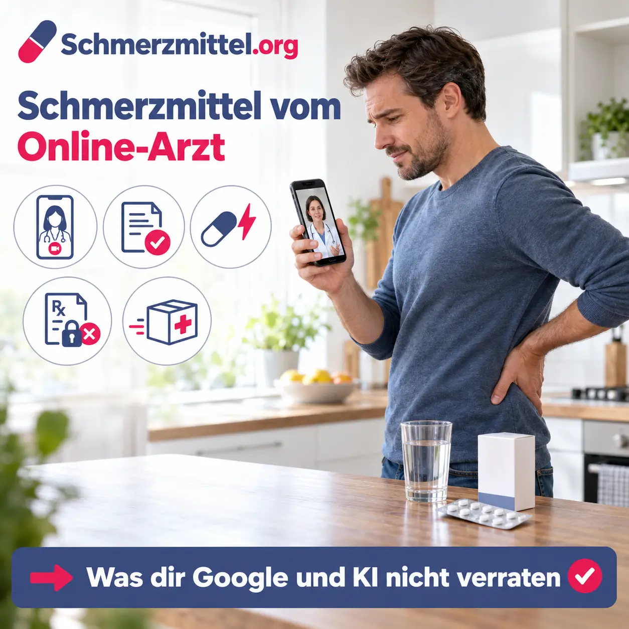 Schmerzmittel vom Online-Arzt Mann mit Rückenschmerzen in Videosprechstunde auf dem Smartphone mit Schmerzmittelpackung auf der Küchentheke