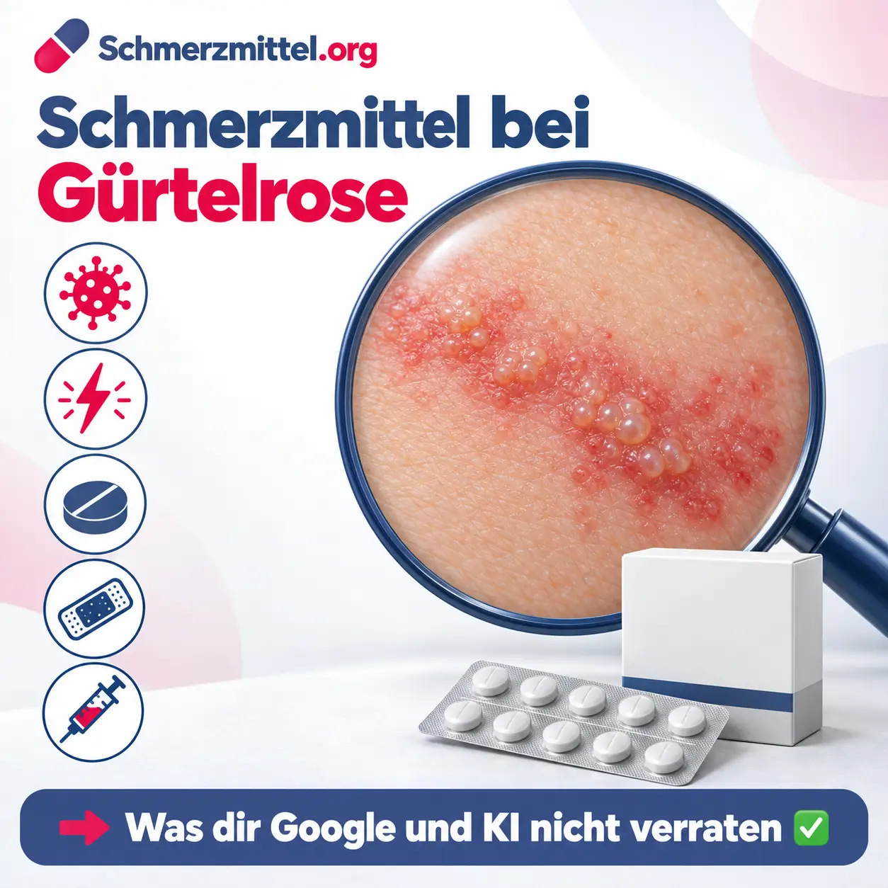 Schmerzmittel bei Gürtelrose, Lupe zeigt ein Band aus geröteten Hautflecken mit gruppierten Bläschen, davor eine Medikamentenpackung, Icons zu Virusmittel, Nervenschmerz, Tablette, Pflaster und Impfung