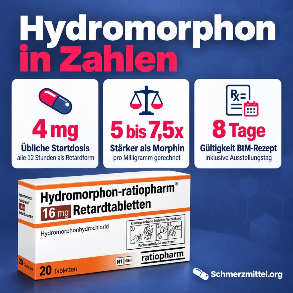 Hydromorphon Dosierung als Infografik mit Startdosis 4 mg, Stärke im Vergleich zu Morphin, Gültigkeit des BtM-Rezepts und Palladon retard Verpackung