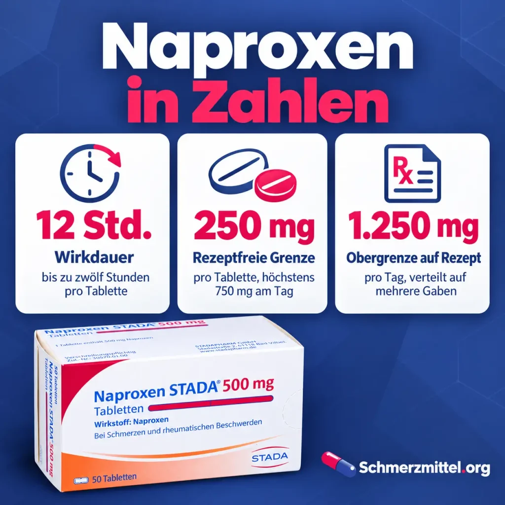 Naproxen Dosierung als Infografik mit Wirkdauer von zwölf Stunden, rezeptfreier Grenze von 250 mg, Obergrenze von 1250 mg und Naproxen-Verpackung