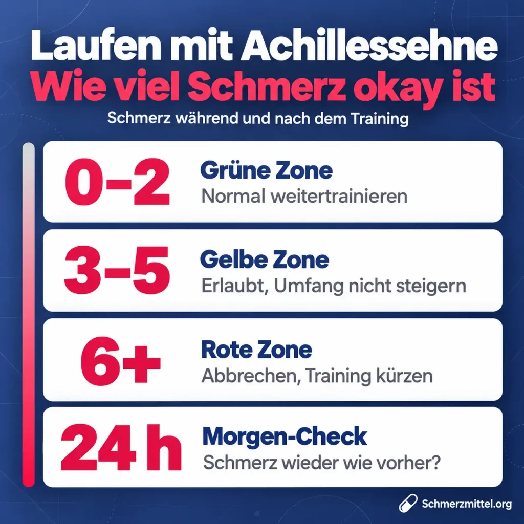 Laufen mit Achillessehnenentzündung, Schmerz-Ampel mit grüner Zone 0 bis 2 normal weitertrainieren, gelber Zone 3 bis 5 erlaubt ohne Steigerung, roter Zone ab 6 abbrechen und Morgen-Check nach 24 Stunden