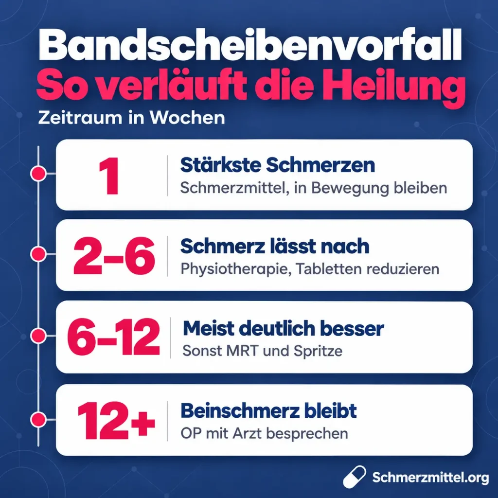 Bandscheibenvorfall Heilungsverlauf, Woche 1 stärkste Schmerzen mit Schmerzmitteln und Bewegung, Woche 2 bis 6 Schmerz lässt nach mit Physiotherapie, Woche 6 bis 12 meist deutlich besser sonst MRT und Spritze, ab Woche 12 bei bleibendem Beinschmerz OP besprechen