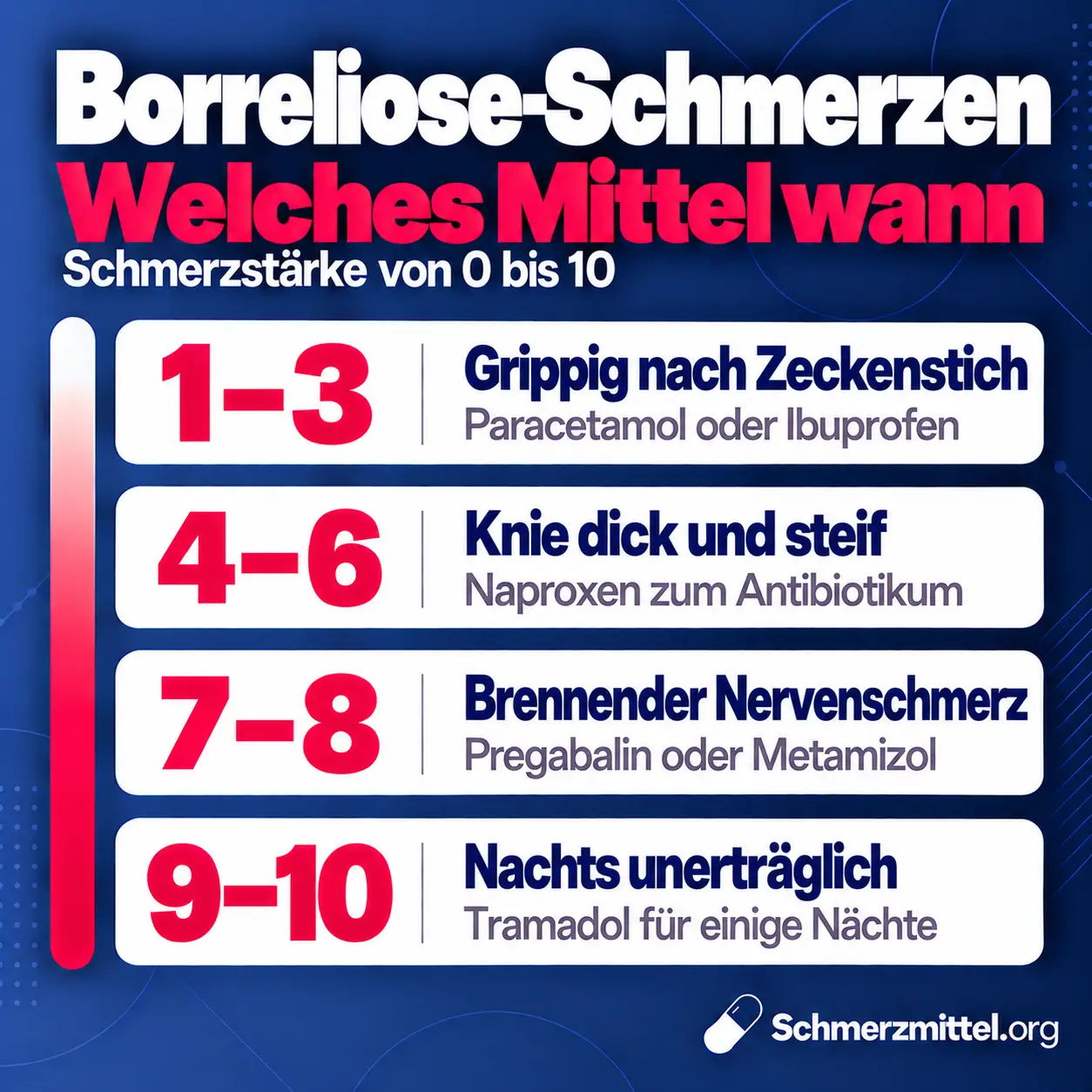 Schmerzmittel bei Borreliose nach Schmerzstärke, bei 1 bis 3 Paracetamol oder Ibuprofen, bei 4 bis 6 Naproxen zum Antibiotikum, bei 7 bis 8 Pregabalin oder Metamizol gegen Nervenschmerzen und bei 9 bis 10 Tramadol für einige Nächte