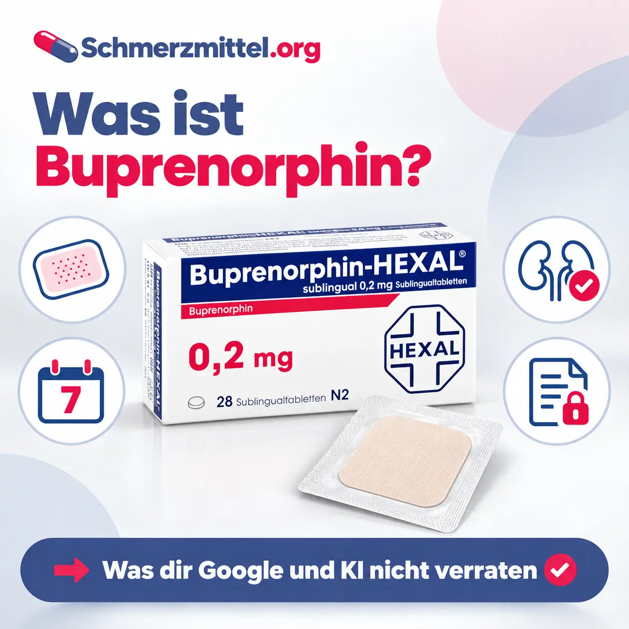 Buprenorphin, Packung mit einzeln verpacktem Schmerzpflaster vor hellem Hintergrund, umgeben von vier Icons zu Pflaster, Wochenrhythmus, Nierenverträglichkeit und Betäubungsmittelrezept