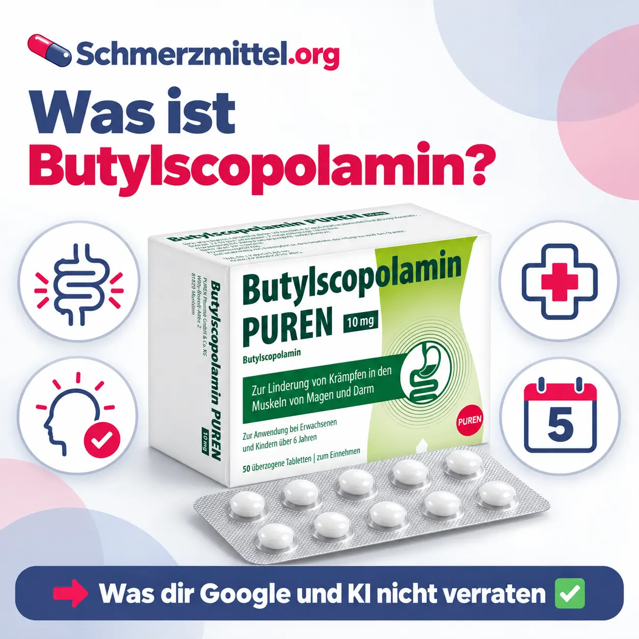 Butylscopolamin, Buscopan-Packung mit Blister Dragées vor hellem Hintergrund, umgeben von vier Icons zu krampflösender Wirkung, fehlender Müdigkeit, rezeptfreier Abgabe und fünf Tagen Anwendungsdauer