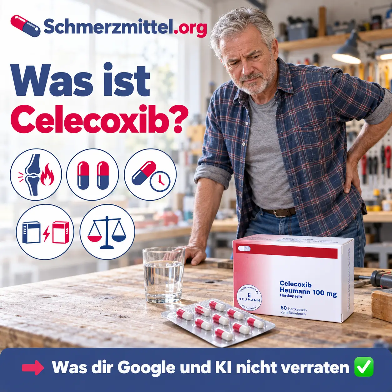 Celecoxib, Mann mit Rückenschmerzen steht an einer Werkbank und stützt die Hand in den Rücken, daneben stehen ein Wasserglas und die Celecoxib-Packung