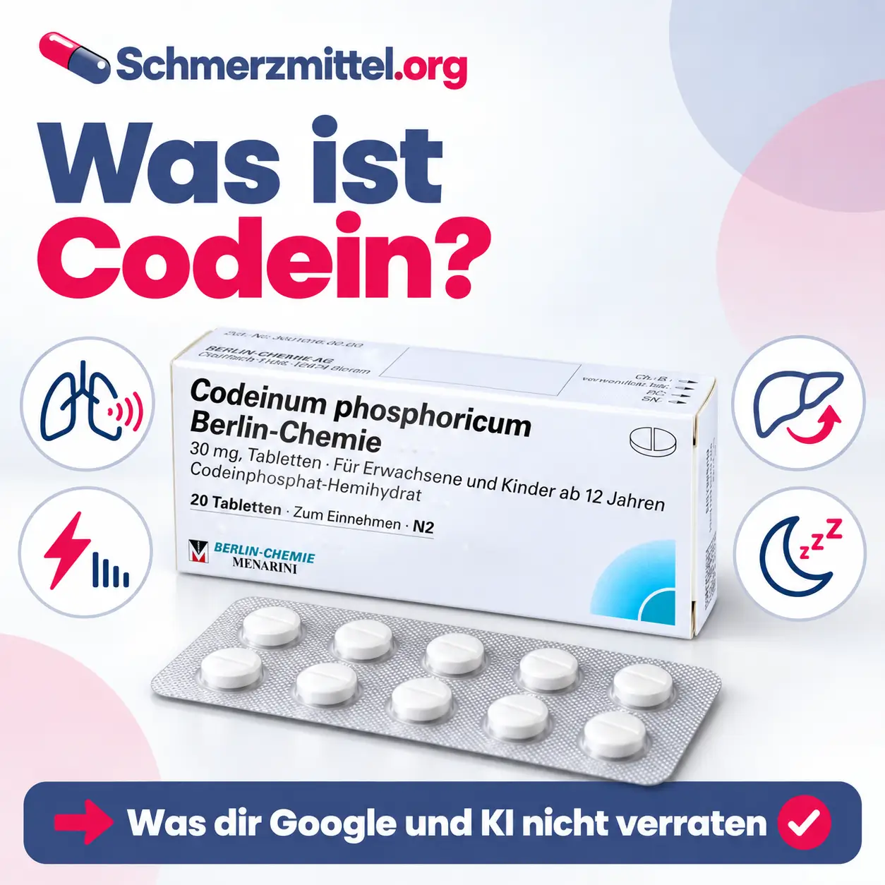 Codein, Packung vor hellem Hintergrund, umgeben von vier Icons zu Reizhusten, Schmerzlinderung, Umwandlung in der Leber und Müdigkeit