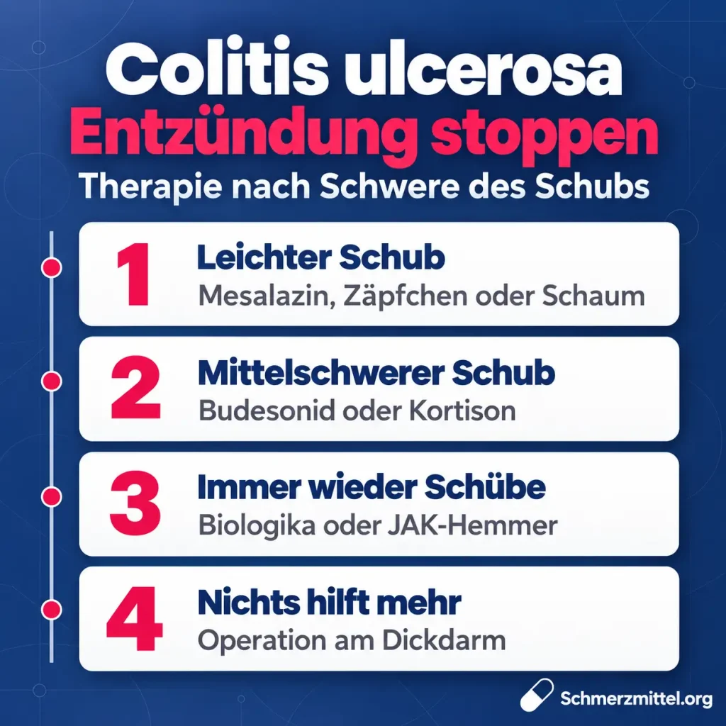 Colitis ulcerosa Therapiestufen, leichter Schub mit Mesalazin als Zäpfchen oder Schaum, mittelschwerer Schub mit Budesonid oder Kortison, häufige Schübe mit Biologika oder JAK-Hemmern, Operation am Dickdarm wenn nichts mehr hilft