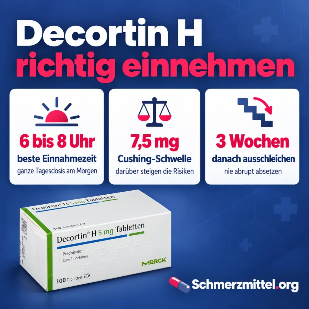 Decortin H Einnahme als Infografik mit bester Einnahmezeit von 6 bis 8 Uhr, Cushing-Schwelle von 7,5 mg, Ausschleichen nach 3 Wochen und Verpackung