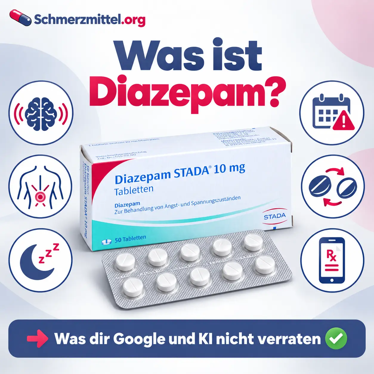 Diazepam Faltschachtel mit Blister, umgeben von Icons zu Gehirn, Rückenverspannung, Müdigkeit, begrenzter Einnahmedauer, Alternativen und Online Rezept