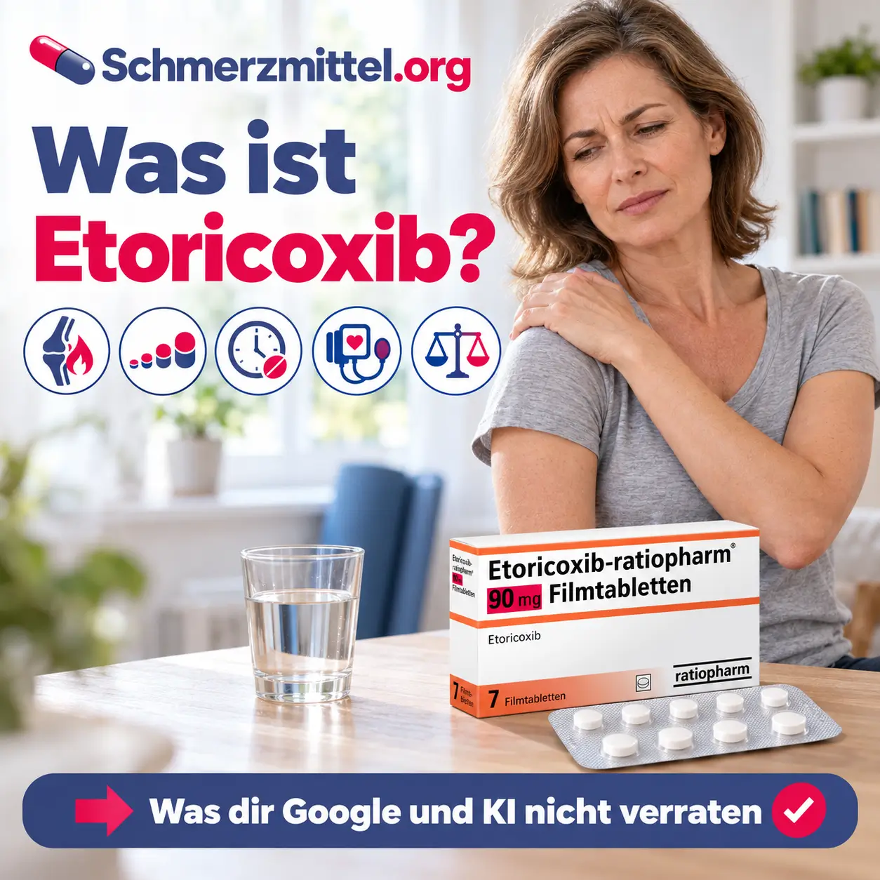 Etoricoxib, Frau mit Schulterschmerzen steht in einem hellen Zimmer und fasst sich an die Schulter, daneben stehen ein Wasserglas und die Etoricoxib-Packung