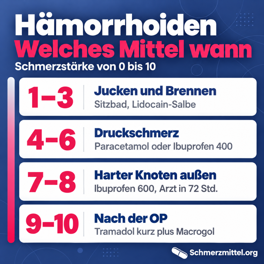 Hämorrhoiden Schmerzmittel nach Schmerzstärke, 1 bis 3 Sitzbad und Lidocain-Salbe, 4 bis 6 Paracetamol oder Ibuprofen 400, 7 bis 8 bei hartem Knoten Ibuprofen 600 und Arzt in 72 Stunden, 9 bis 10 nach der OP Tramadol kurz plus Macrogol