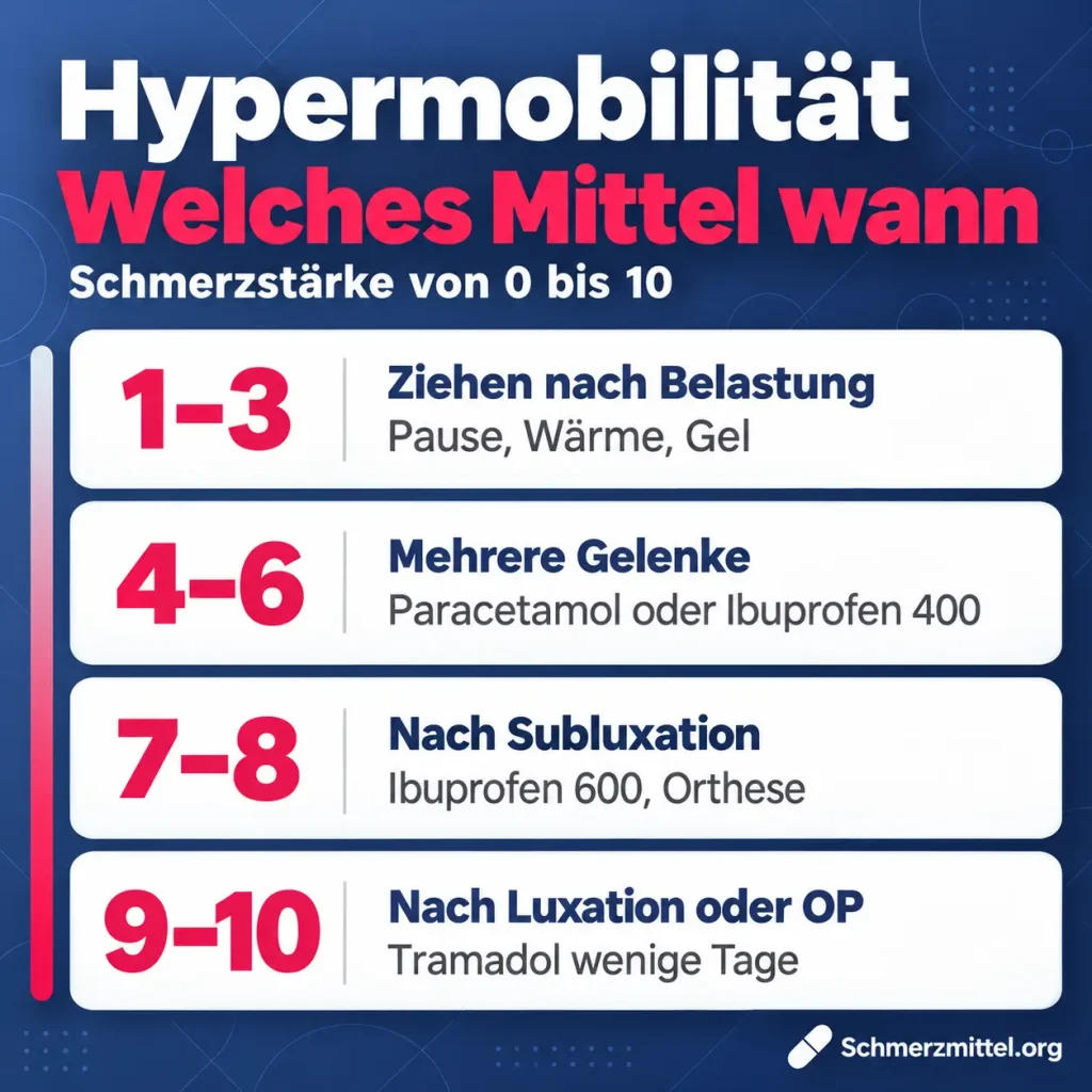 Hypermobilität Schmerzmittel nach Schmerzstärke, 1 bis 3 Pause, Wärme und Gel, 4 bis 6 Paracetamol oder Ibuprofen 400, 7 bis 8 nach Subluxation Ibuprofen 600 und Orthese, 9 bis 10 nach Luxation oder OP Tramadol wenige Tage