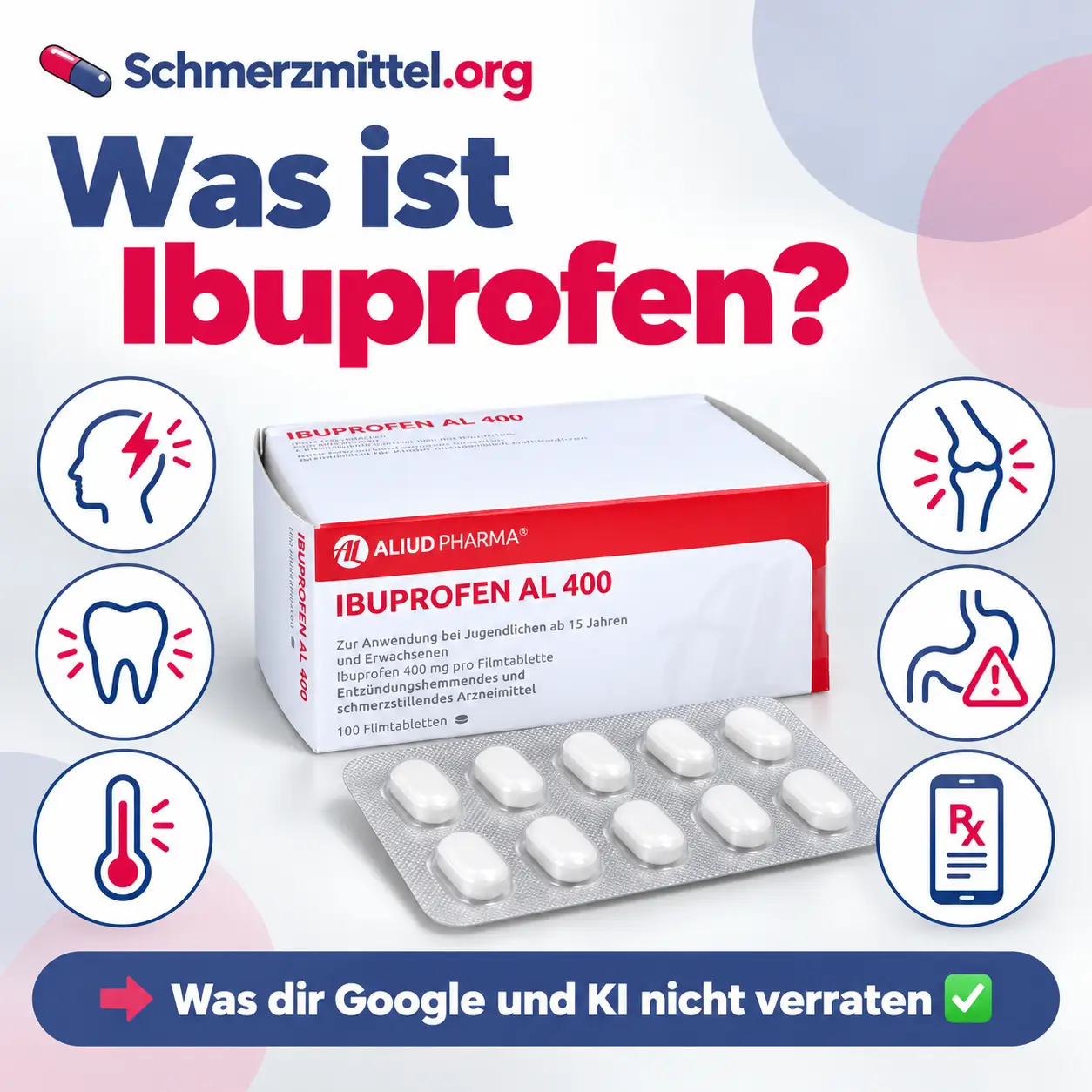 Ibuprofen Faltschachtel mit Blister, umgeben von Icons zu Kopfschmerzen, Zahnschmerzen, Fieber, Gelenkentzündung, Magenrisiko und Online Rezept