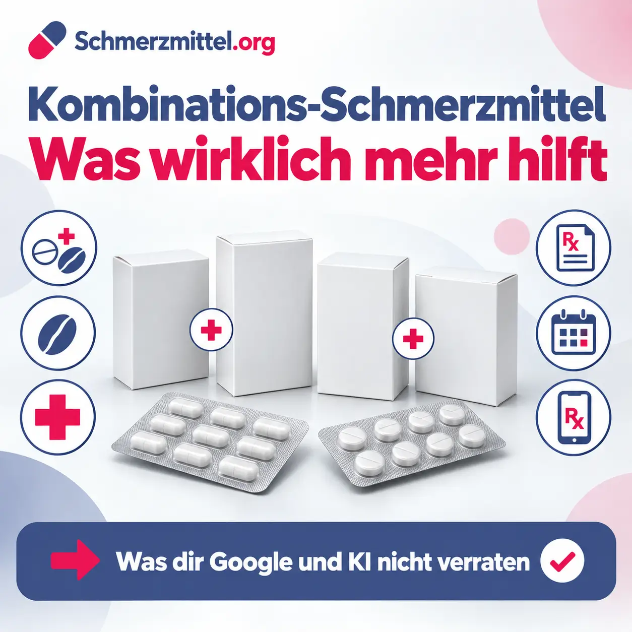 Kombinations-Schmerzmittel mit Packungen von Thomapyrin Classic, Thomapyrin Tension Duo, Talvosilen forte und Zaldiar sowie Icons für Fixkombination, Coffein, rezeptfreie Mittel, Rezept, 10-Tage-Regel und Online Rezept