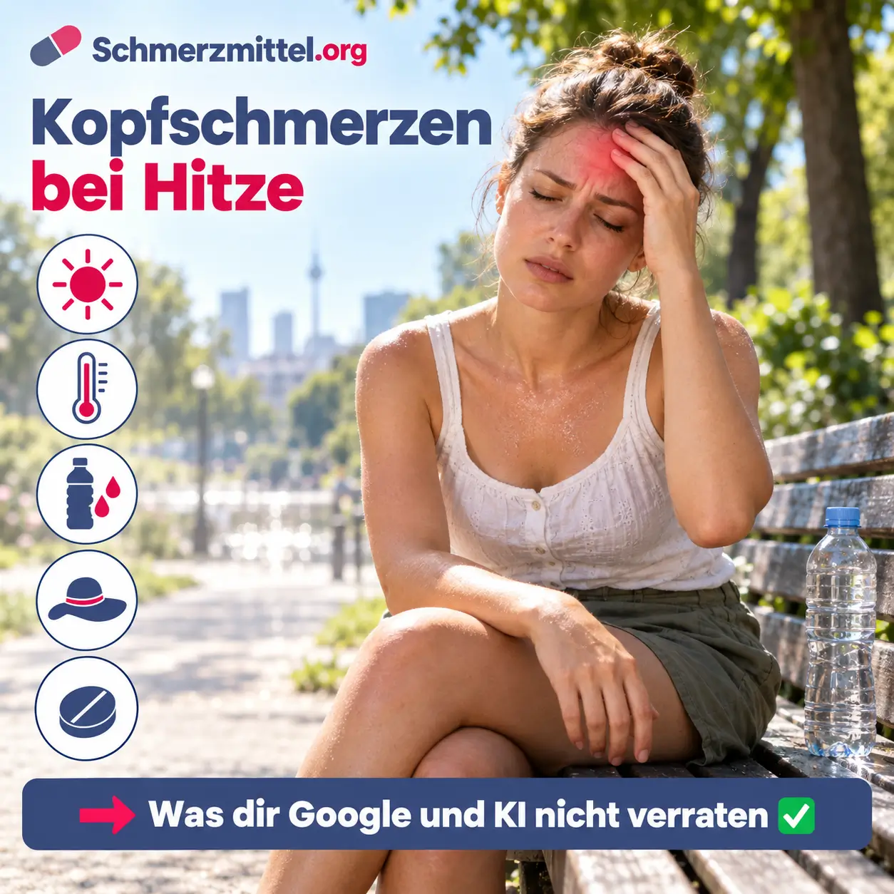Kopfschmerzen bei Hitze, Frau sitzt an einem heißen Sommertag auf einer Parkbank im Halbschatten und hält sich die Stirn, daneben Wasserflasche und Medikamentenpackung, Icons zu Sonne, Thermometer, Trinken, Sonnenhut und Tablette