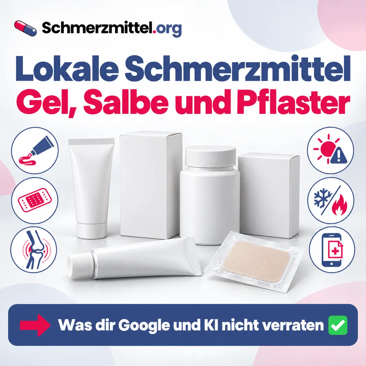 Lokale Schmerzmittel Liste mit Packungen von Voltaren Emulgel, Voltaren Schmerzpflaster, Traumon Gel und ThermaCare Schmerzgel sowie Icons für Schmerzgel, Pflaster, Kniegelenk, Lichtempfindlichkeit, Kühlen und Wärme und Online Rezept
