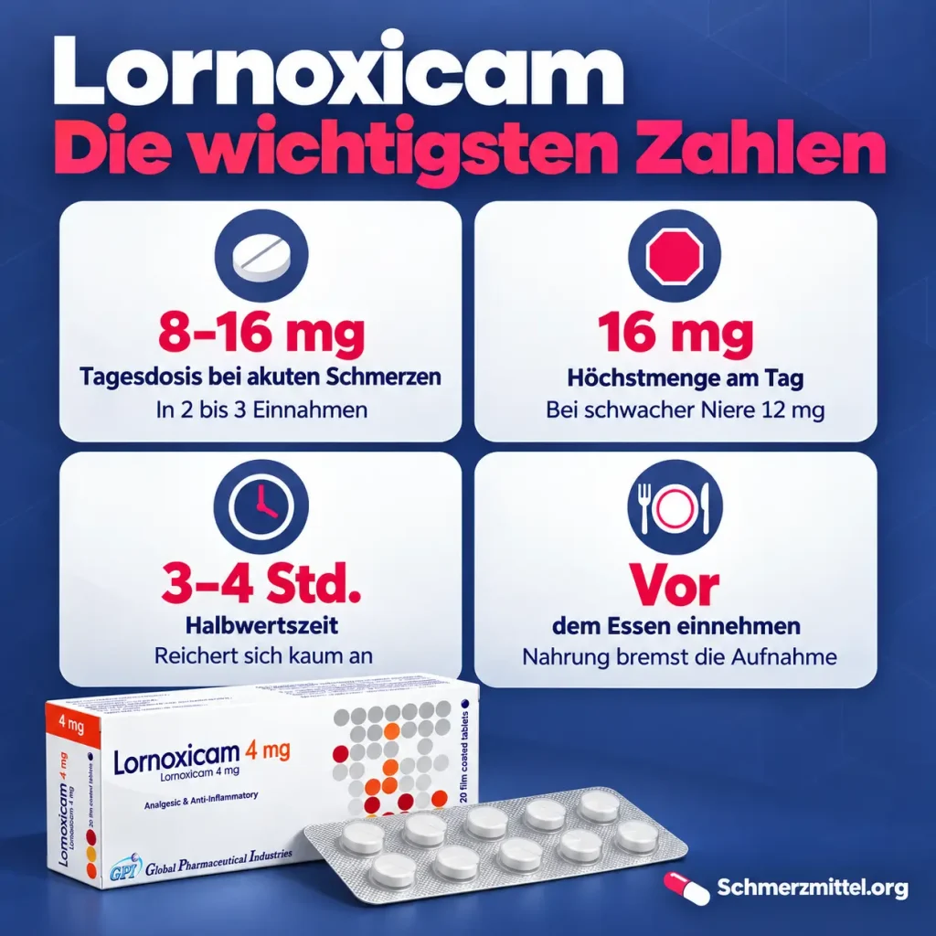 Lornoxicam, Infografik mit 8 bis 16 mg Tagesdosis, 16 mg Höchstmenge, 3 bis 4 Stunden Halbwertszeit und dem Hinweis zur Einnahme vor dem Essen neben der Lornoxicam-Packung