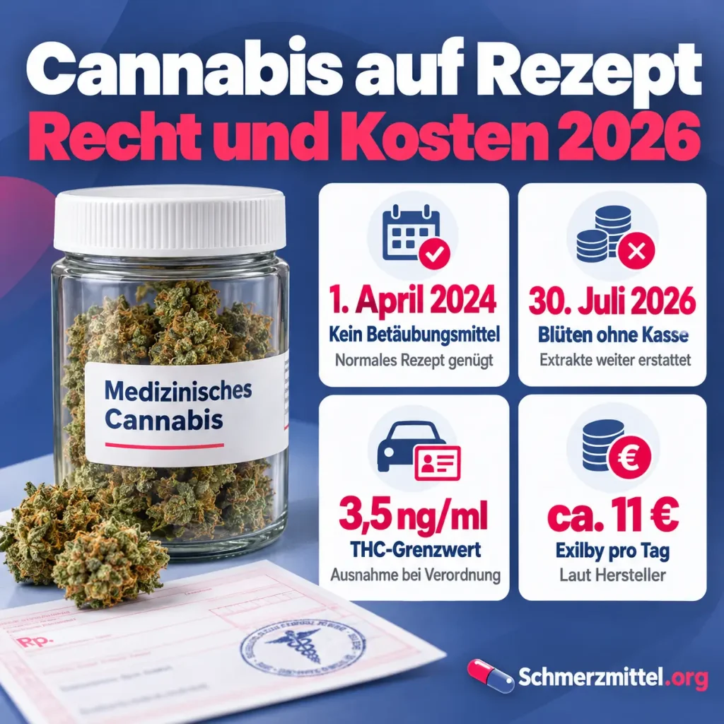 Medizinisches Cannabis Infografik mit vier Karten zu Rezeptpflicht, Kassenregel ab Juli 2026, THC-Grenzwert und Exilby-Kosten sowie Apothekenglas mit Cannabisblüten und Rezept