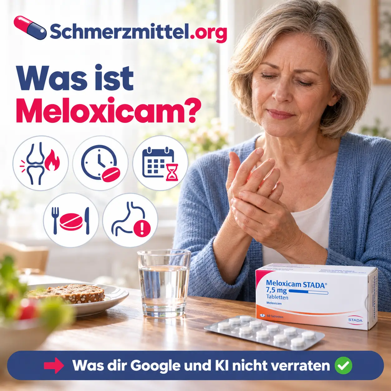 Meloxicam, Frau mit schmerzenden Fingergelenken steht am Frühstückstisch und hält ihre Hand, daneben stehen ein Wasserglas und die Meloxicam-Packung