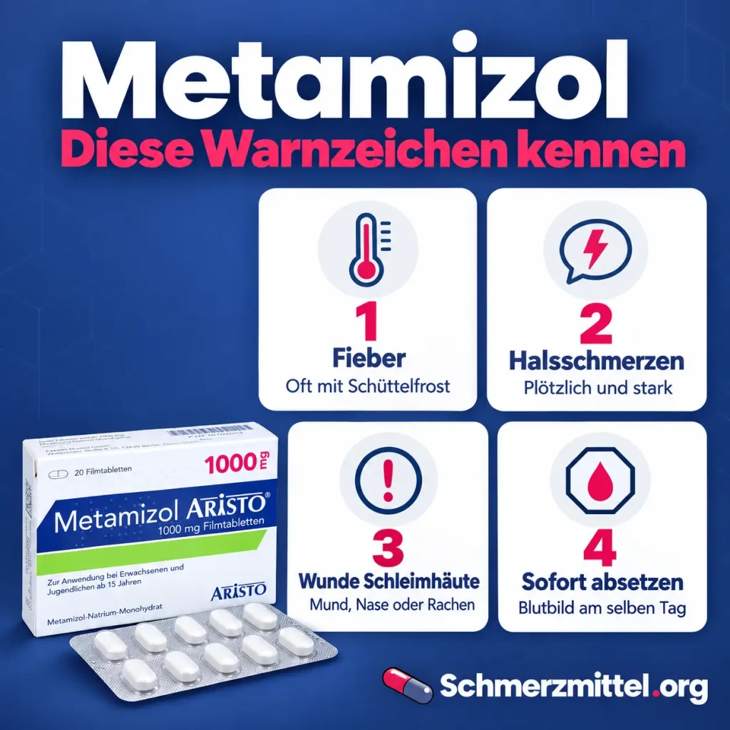 Metamizol, Infografik mit den Warnzeichen einer Agranulozytose, nämlich Fieber, Halsschmerzen und wunde Schleimhäute, sowie dem Hinweis, sofort abzusetzen und das Blutbild prüfen zu lassen