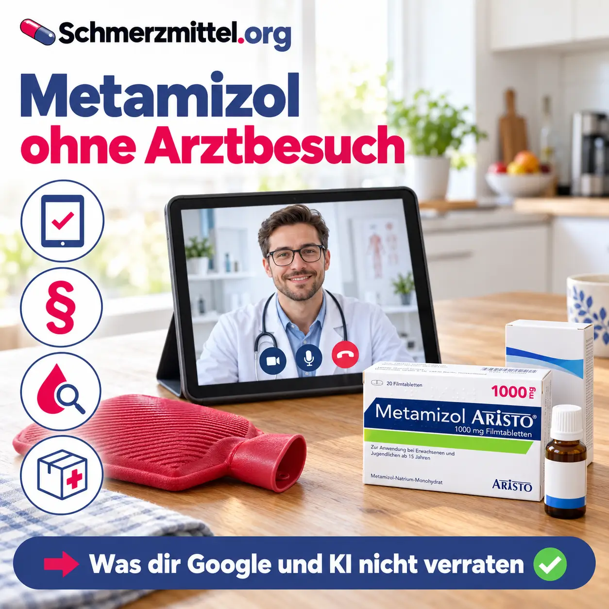 Metamizol ohne Arztbesuch mit Tablet auf dem Küchentisch, Arzt in einer Videosprechstunde auf dem Bildschirm, Novalgin Tropfen und Novaminsulfon Tabletten davor sowie Icons für Online-Prüfung, Rechtslage, Blutbild und Apothekenversand