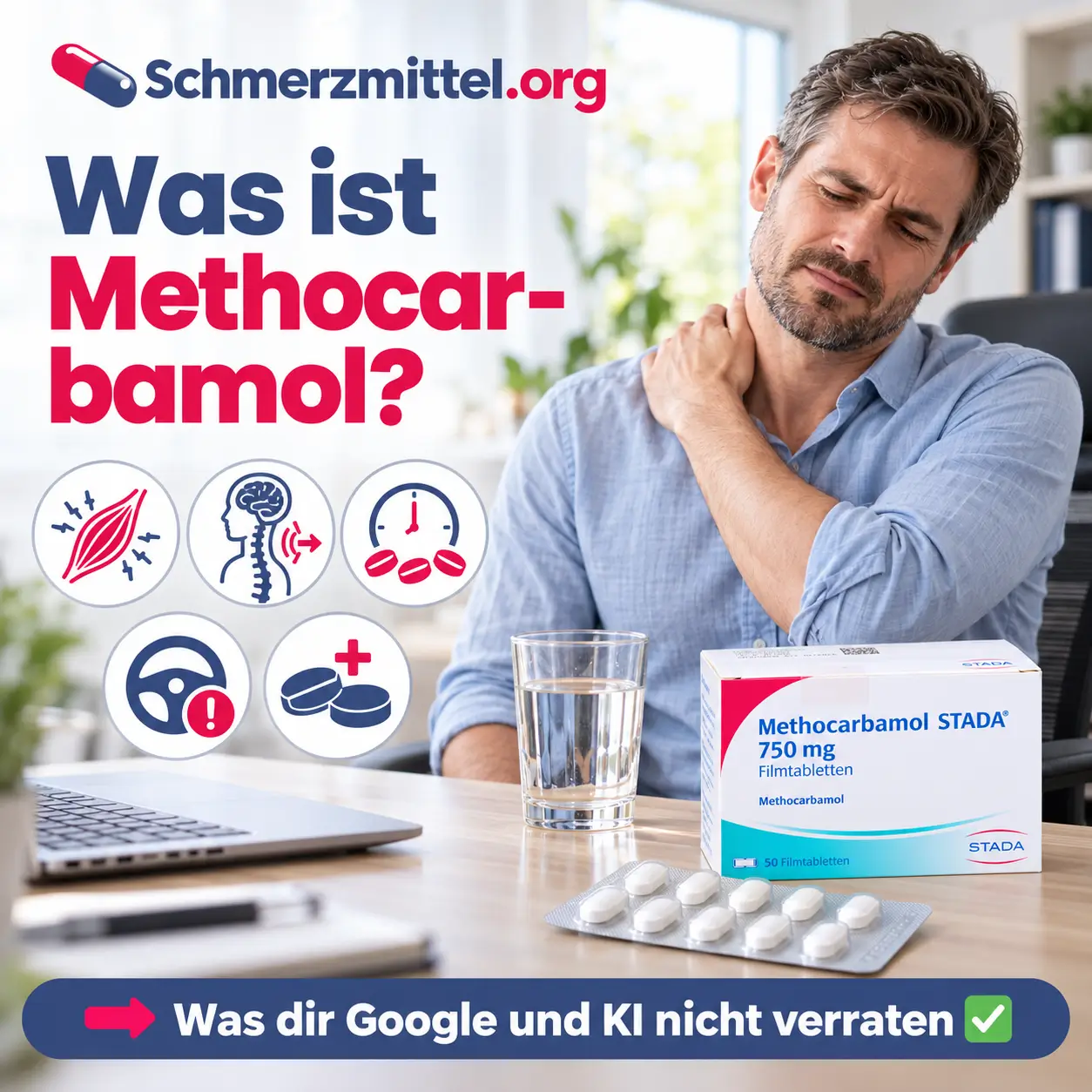Methocarbamol, Mann mit Verspannung zwischen Hals und Schulter steht im Arbeitszimmer, auf dem Schreibtisch stehen ein Wasserglas und die Methocarbamol-Packung