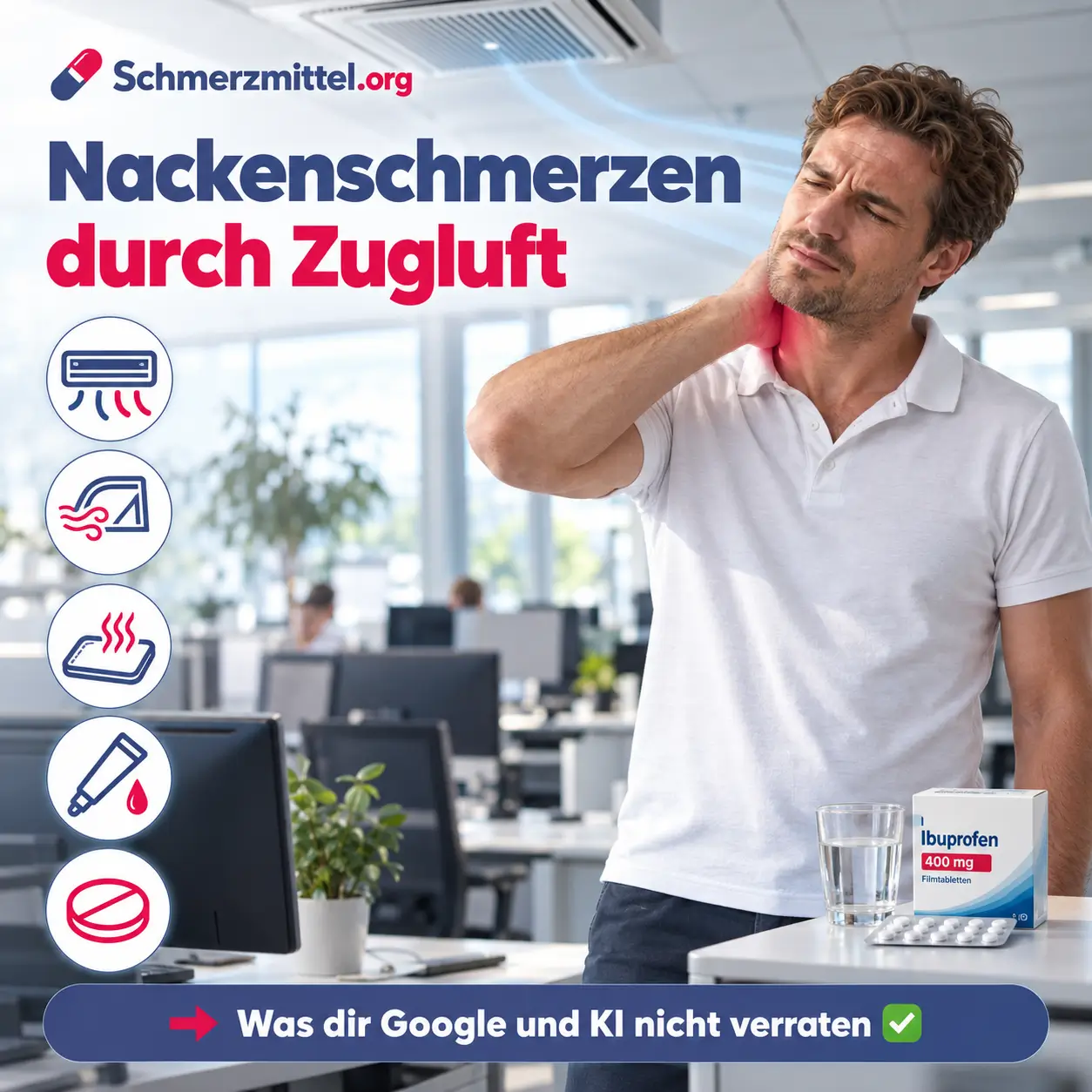 Nackenschmerzen durch Zugluft, Mann im Büro unter einem Lüftungsauslass der Klimaanlage hält sich die steife Nackenseite, daneben Wasserglas und Medikamentenpackung, Icons zu Klimaanlage, Fahrtwind, Wärme, Schmerzgel und Tablette